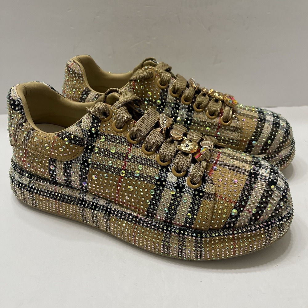 Guja 451 3 25YA Plaid Sneakers Camel Rhinestones Charms Women's 42/11 Lace-Up